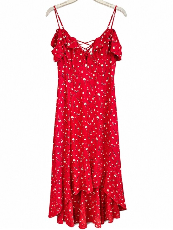 If By Sea Dresses & Skirts - IF BY SEA Floral Ruffle Maxi Dress Red Cottagecore Lace Up Sundress Size M